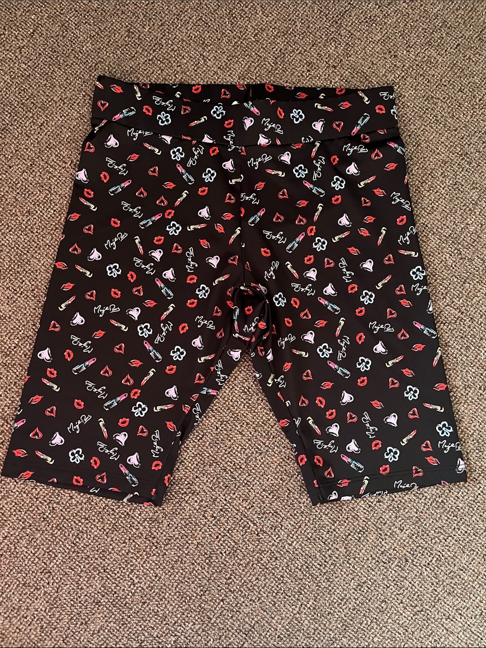 Maje Black Bike Shorts with Red & White Lip, Heart and Floral Print